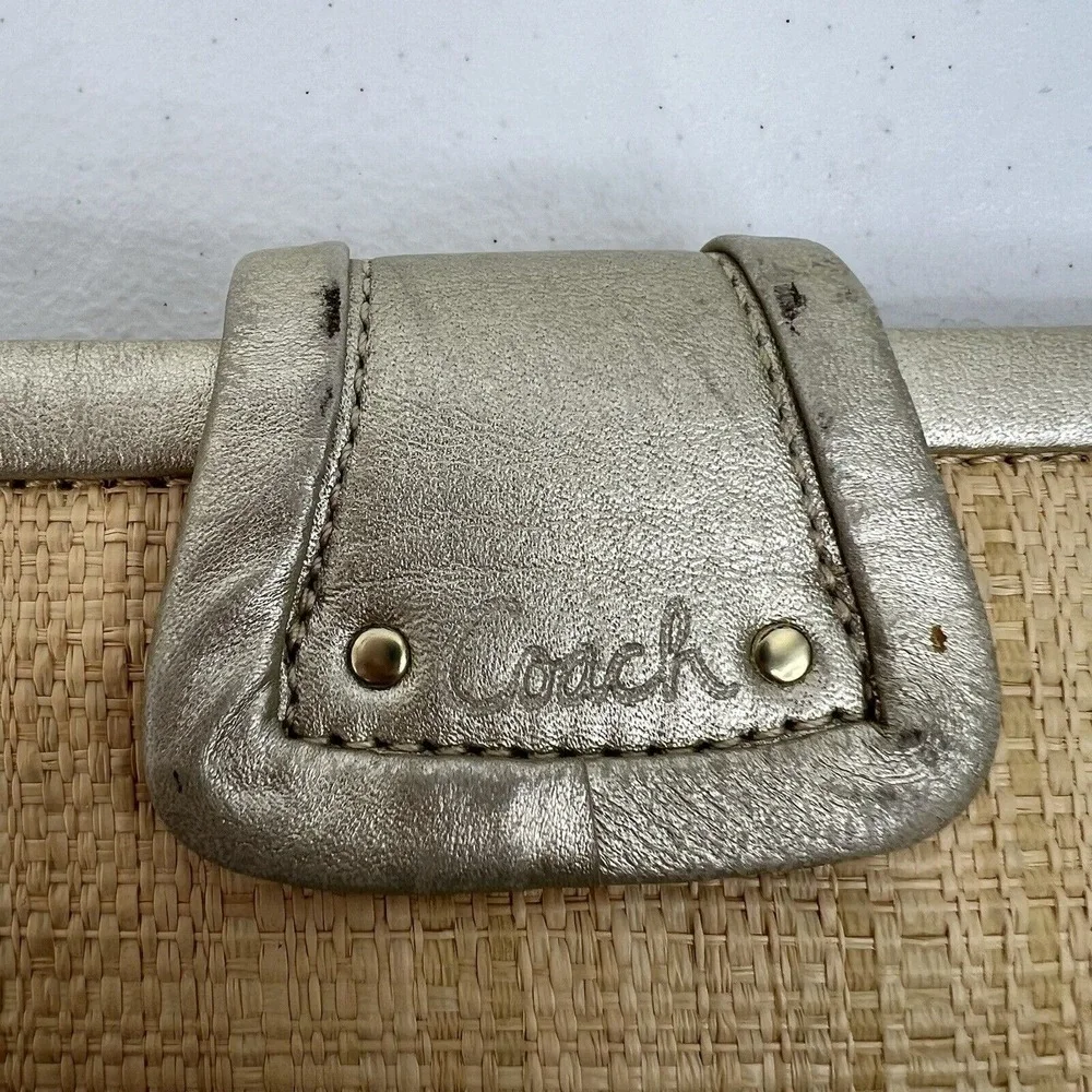 Coach Parker Natural Straw Leather Trim Clutch Wristlet Wallet Gold Turnlock